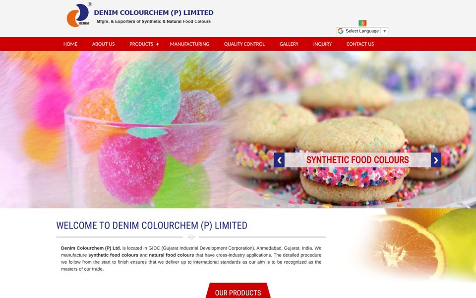 First screen of denimcolourchem.com: a stock photo of sweets under a red menu bar