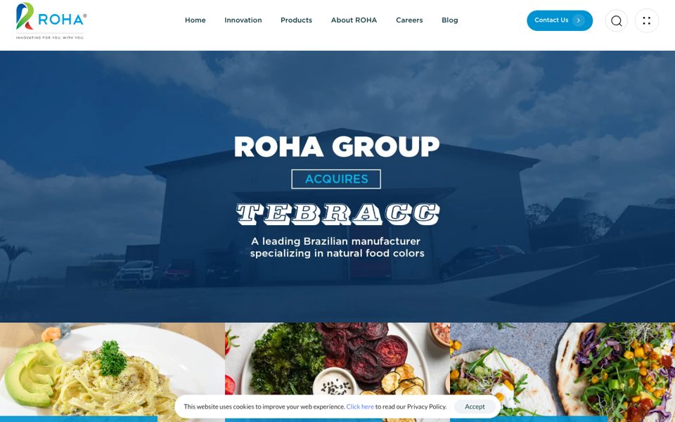 First screen of roha.com: an acquisition banner over a factory photo